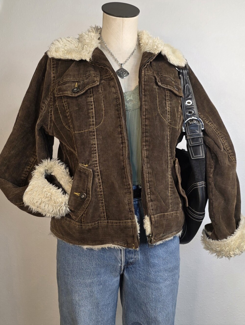 Y2K Corduroy Sherpa Jacket Brown Faux Fur Coat Western Boho Medium Fairy Grunge